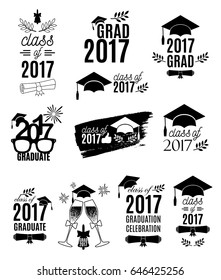 Graduation class of 2017 labels set. Concept for shirt, print, seal, overlay, stamp, greeting card, invitation. Vector sign or logo. Isolated