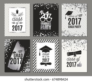 Graduation Class of 2017 silver greeting cards set. Vector party invitations. Grad posters. Isolated