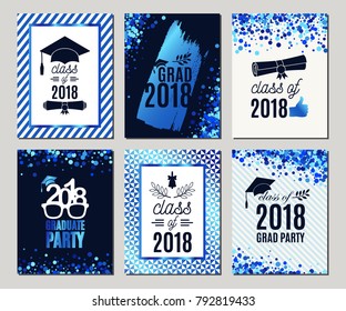 Graduation Class of 2018 azul glitter cartões conjunto. Convites de festa vetorial. Pôsteres de pós-graduação. Todos isolados e em camadas