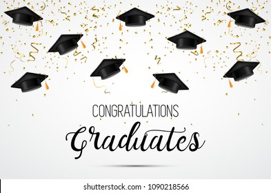 Graduation class of 2018. Congratulations graduates. Academic hats and confetti. Celebration. Vector.