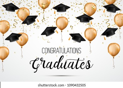 Graduation class of 2018. Congratulations graduates. Academic hats, confetti and balloons. Celebration. Vector.