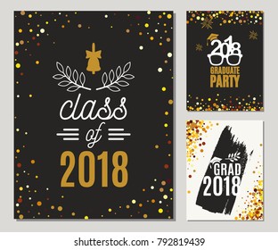 Graduation Class of 2018 greeting cards set with golden glitter. Vector graduate party invitations. Grad posters. All isolated and layered