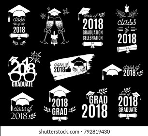 Classe de graduação de 2018 conjunto de design de rótulos. Conceito para camisa, impressão, selo, sobreposição, selo, cartão, convite. Sinal ou logotipo vetorial. Todos isolados e em camadas