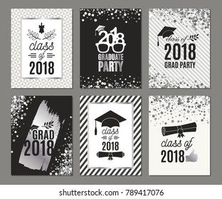 Graduation Class of 2018 silver greeting cards set. Vector party invitations. Grad posters. All isolated and layered