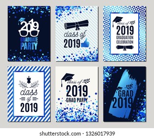 Graduation Class of 2019 blue glitter greeting cards set of six. Vector party invitations. Grad posters. All isolated and layered