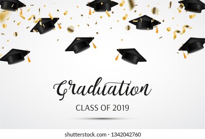 Graduation. Class of 2019. Congratulations graduates. Vector banner with flying hats and confetti