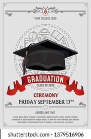 Graduation Class of 2019 greeting card or invitation design with flying hats and decorative elements. Congratulations graduates template. Vector illustration