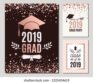 Graduation Class of 2019 greeting cards set in rose gold confetti colors. Three vector grad party invitations. Grad posters. All isolated and layered