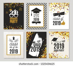 Graduation Class Of 2019 Greeting Cards Set Of Six Templates In Gold Colors. Vector Party Invitations. Grad Posters. All Isolated And Layered