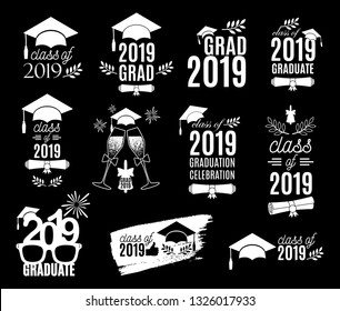 Graduation class of 2019 labels design set. Concept for shirt, print, seal, overlay, stamp, greeting card, invitation. Vector sign or logo. All isolated and layered