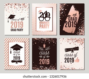 Graduation Class of 2019 rose gold greeting cards set. Six vector party invitations. Grad posters. All isolated and layered