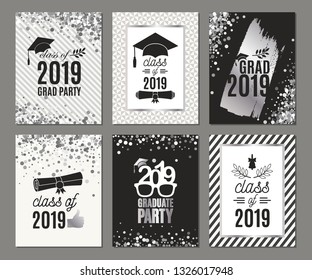 Graduation Class of 2019 six greeting cards set in silver colors. Vector party invitations. Grad posters. All isolated and layered