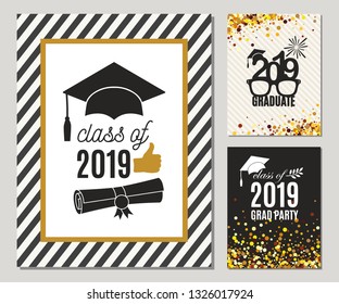 Graduation Class of 2019 three greeting cards set in gold colors. Vector grad party invitations. Grad posters. All isolated and layered