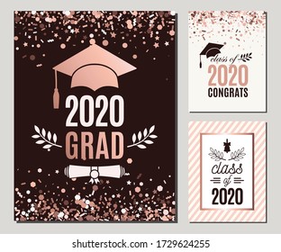 Graduation Class of 2020 greeting cards set in rose gold confetti colors. Three vector grad party invitations. Grad posters. All isolated and layered
