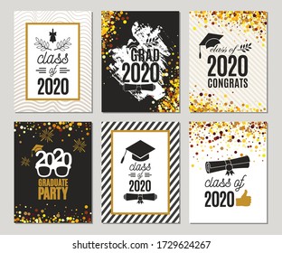 Graduation Class of 2020 greeting cards set of six templates in gold colors. Vector party invitations. Grad banners. All isolated and layered