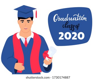 Graduation class of 2020. Invitation to the virtual ceremony. Greeting banner. A graduate in a mantle and a mortarboard holds a diploma in his hand.