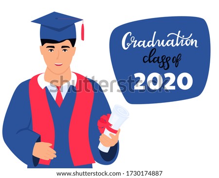 Graduation class of 2020. Invitation to the virtual ceremony. Greeting banner. A graduate in a mantle and a mortarboard holds a diploma in his hand.