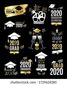 Graduation class of 2020 labels design set with golden elements. Concept for shirt, print, seal, overlay, stamp, greeting card, invitation. Vector sign or logo. All isolated and layered