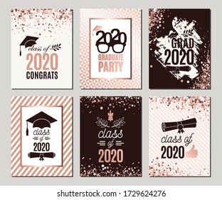Graduation Class of 2020 rose gold greeting cards set. Six vector party invitations. Grad posters. All isolated and layered
