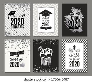 Graduation Class of 2020 six greeting cards set in silver colors. Vector party invitations. Grad banners. All isolated and layered