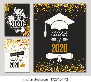 Graduation Class of 2020 three greeting cards set with golden glitter. Vector graduate party invitations. Grad posters. All isolated and layered
