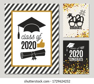 Graduation Class of 2020 three greeting cards set in gold colors. Vector grad party invitations. Grad posters. All isolated and layered