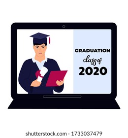 Graduation class of 2020. Virtual online ceremony on a laptop monitor during coronavirus quarantine. Graduate in gown and mortarboard holds a diploma