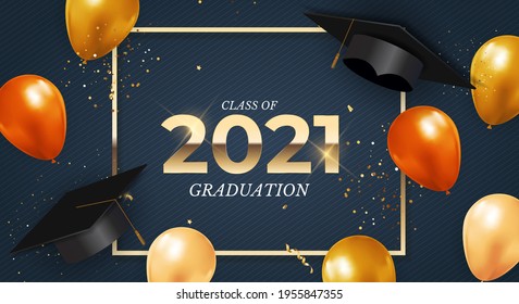 Graduation class of 2021 with graduation cap hat, balloons and confetti. Vector Illustration EPS10
