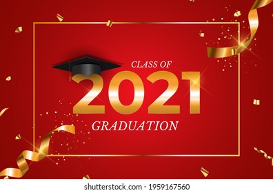 Graduation class of 2021 with graduation cap hat and confetti. Vector Illustration EPS10

