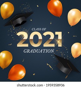 Graduation class of 2021 with graduation cap hat, balloons and confetti. Vector Illustration EPS10
