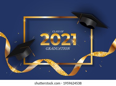 Graduation class of 2021 with graduation cap hat and confetti. Vector Illustration EPS10
