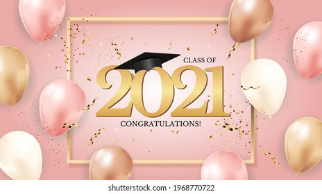 Graduation class of 2021 with graduation cap hat and confetti. Vector Illustration EPS10
