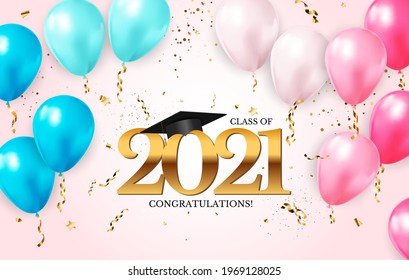 Graduation class of 2021 with graduation cap hat and confetti. Vector Illustration EPS10
