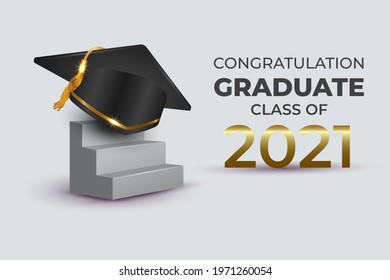 Graduation class of 2021 with graduation cap hat on podium