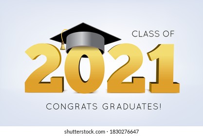 Graduation Class Of 2021 With Cap. Mortarboard Hat. 3d Vector Illustration On Light Background