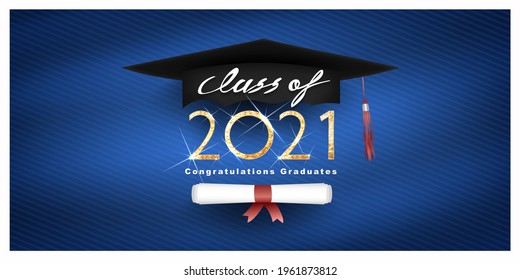 Graduation. Class of 2021. Congratulation event, T-shirt, logo, party, high school or college graduate. Lettering for greeting, invitation card invitation etc. Gold design Vector illustration