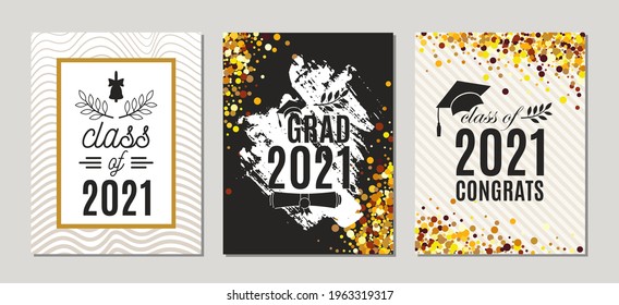 Graduation Class of 2021 greeting cards set of three templates in gold colors. Vector party invitations. Grad banners. All isolated and layered