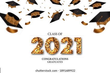 graduation class of 2021 luxury banner concept with glitter text and falling graduate cap and golden confetti party