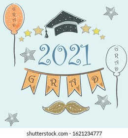Graduation Class of 2021. Stylized Retro Card. Congratulations Graduates. Vector Illustration