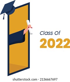 Graduation class of 2022 online by handphone. Graduation cap and certificate. Flat vector illustration isolated on white background.