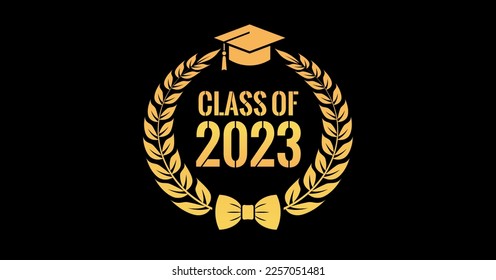 Graduation class of 2023, award education vector emblem on black background, gold academic design for senior class graduation event 2023.