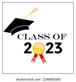 Graduation Class of 2023 Banner with Cap Hat, Awards Concept on White Background. Vector illustration.