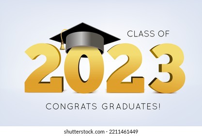 Graduation class of 2023 with cap. 3d vector illustration on light background