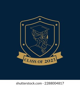 Graduation class of 2023 character line art drawing with badges