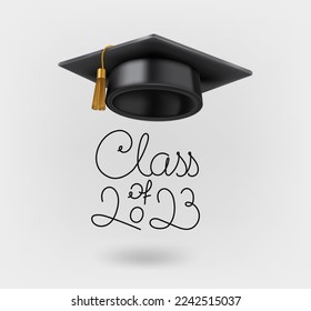 Graduation class of 2023 concept with gdaruation cap. 3d vector icon isolated on white background