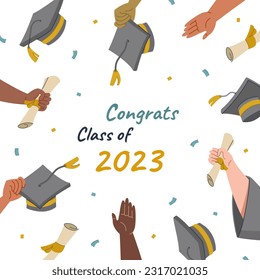 Graduation class of 2023 congrats card design with student hands throwing up caps and diplomas in the air. Modern flat vector illustration on white background.