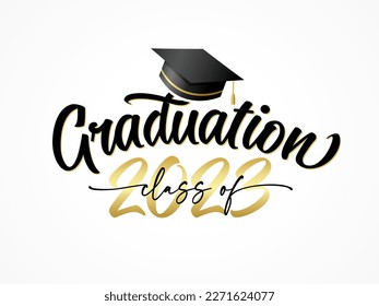 Graduation class of 2023 with square academic cap. 2023 Congratulation Graduate, elegant lettering on on a white background. Vector illustration