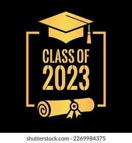 Graduation class of 2023 vector education design on black background, flier web template for graduation 2023.