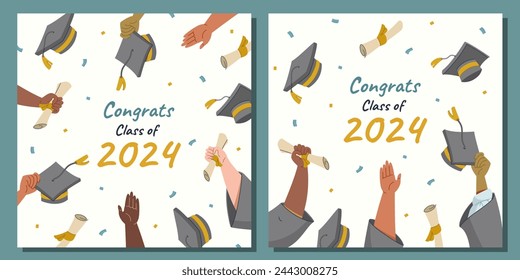 Graduación clase de 2024 felicitaciones tarjetas cuadradas. Diseño plano moderno con manos de estudiante en batas, sombreros de cartón y diplomas en el aire. Ilustración vectorial sobre fondo blanco.