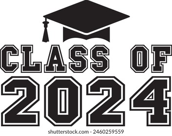 Graduation class of 2024 typography clip art design on plain white transparent isolated background for card, shirt, hoodie, sweatshirt, apparel, tag, mug, icon, poster or badge